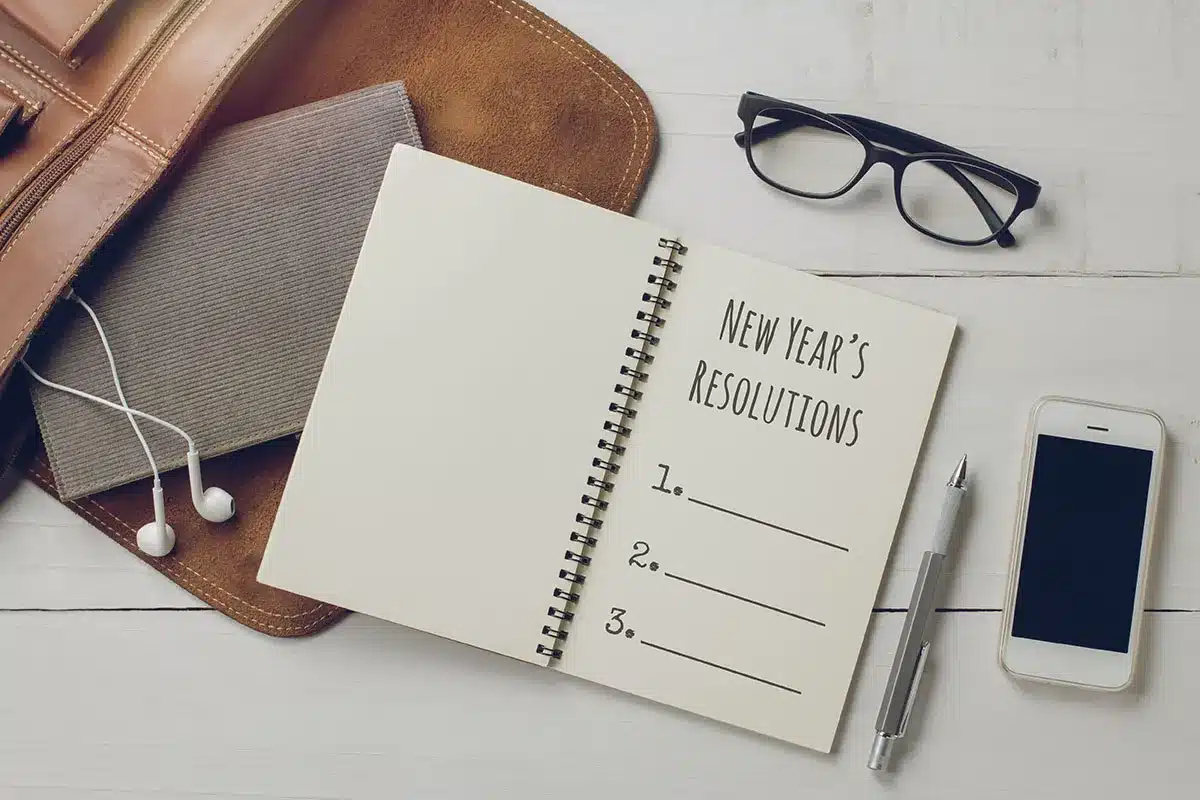 Notebook with New Year's resolutions.