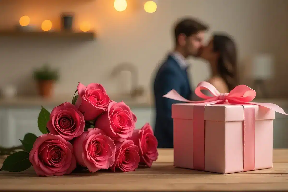Gift and roses on table.