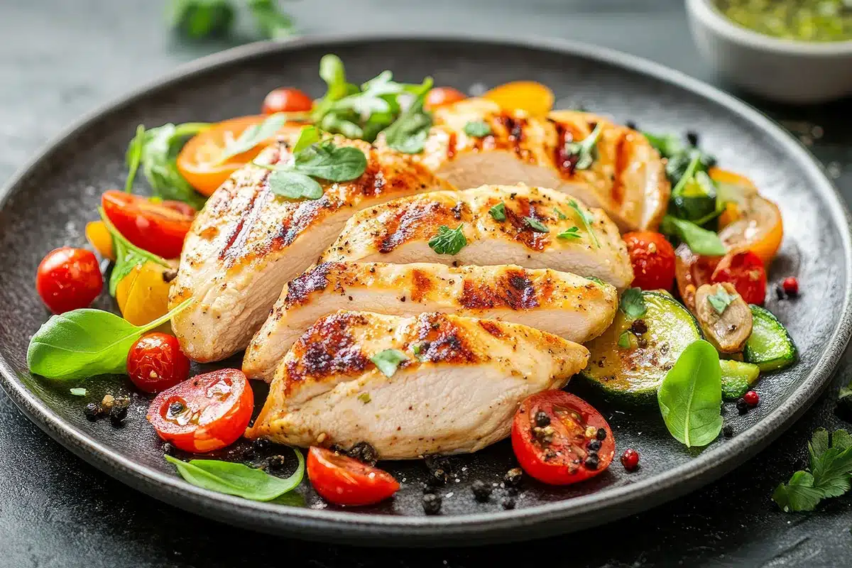 Grilled chicken breast with vegetables.