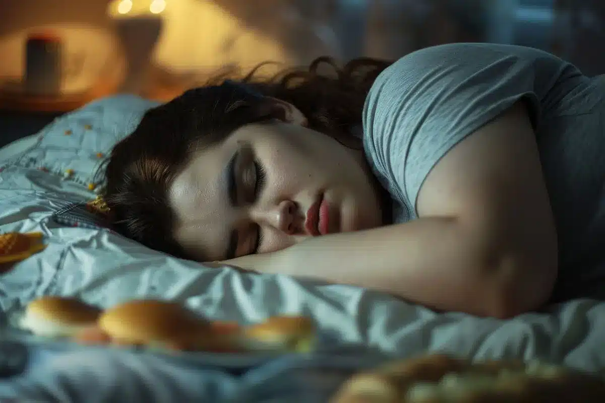 Woman sleeping near food.