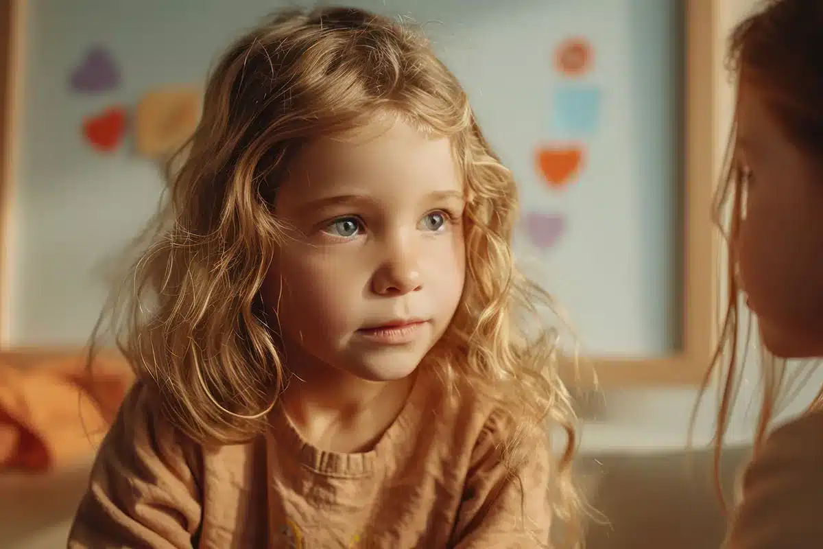 Close-up of a young girl with curly blonde hair.