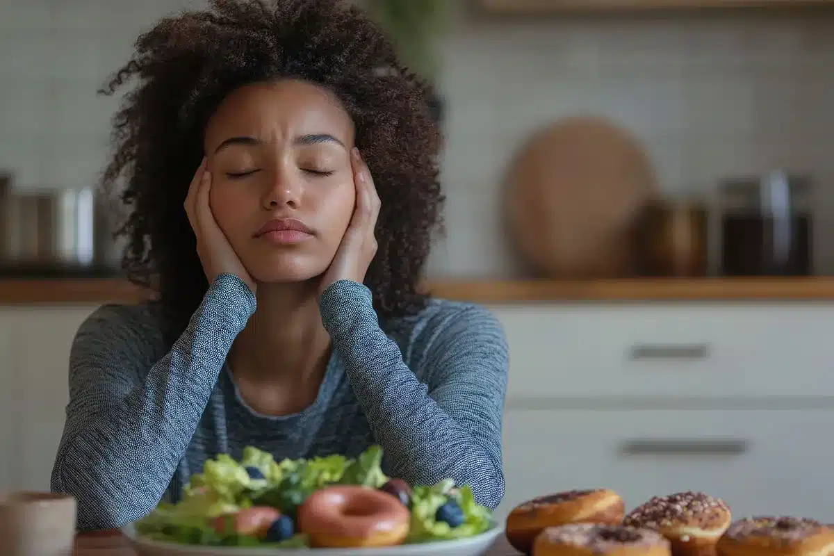 Woman facing food choices.