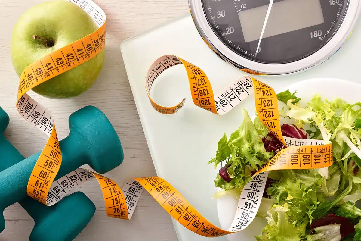 Weight loss tools and healthy food.