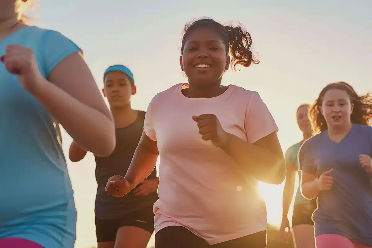 Group of diverse girls running.