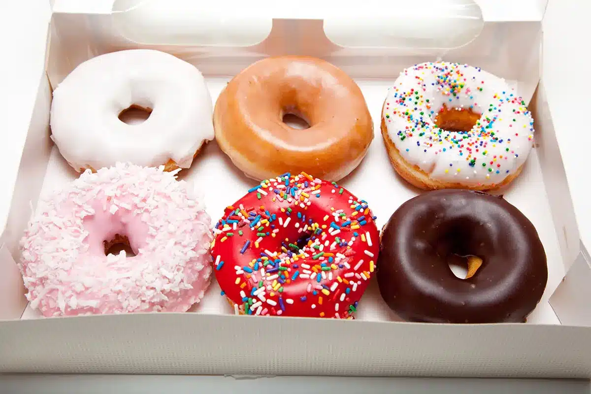 Assorted donuts in a box.