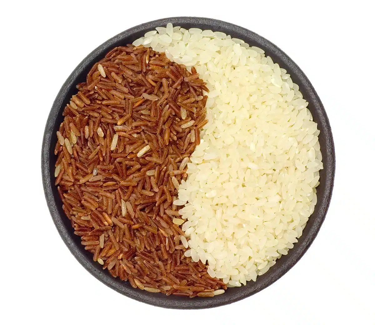 Bowl of white and red rice in yin-yang design.