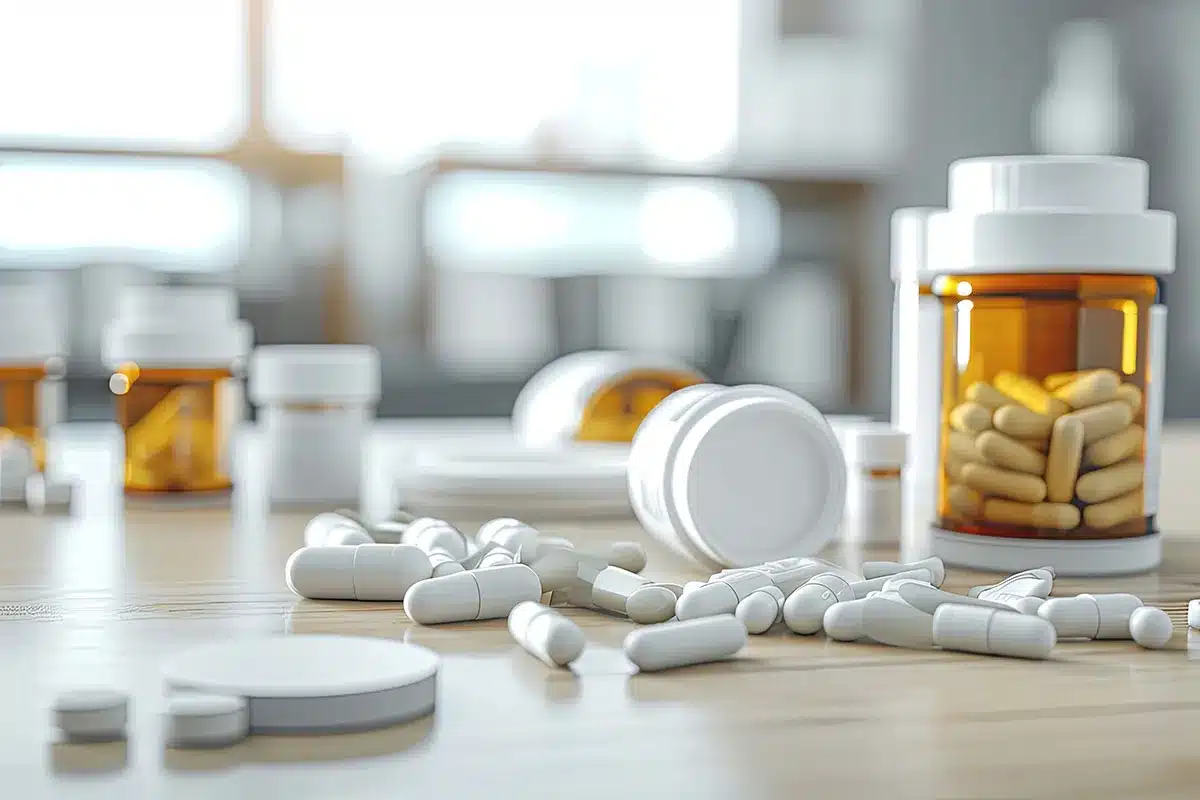 Various pills and capsules on a table.