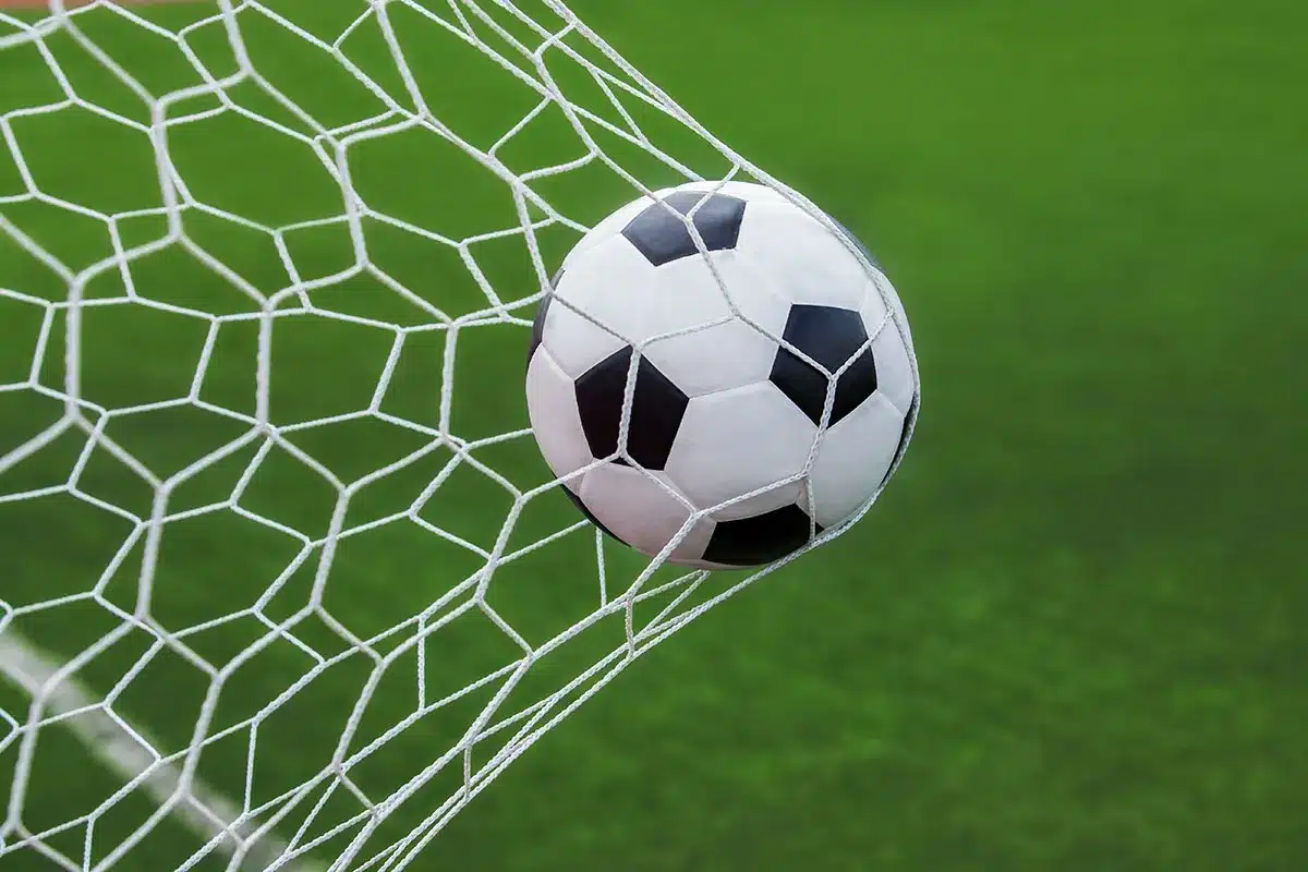 Soccer ball in the net.