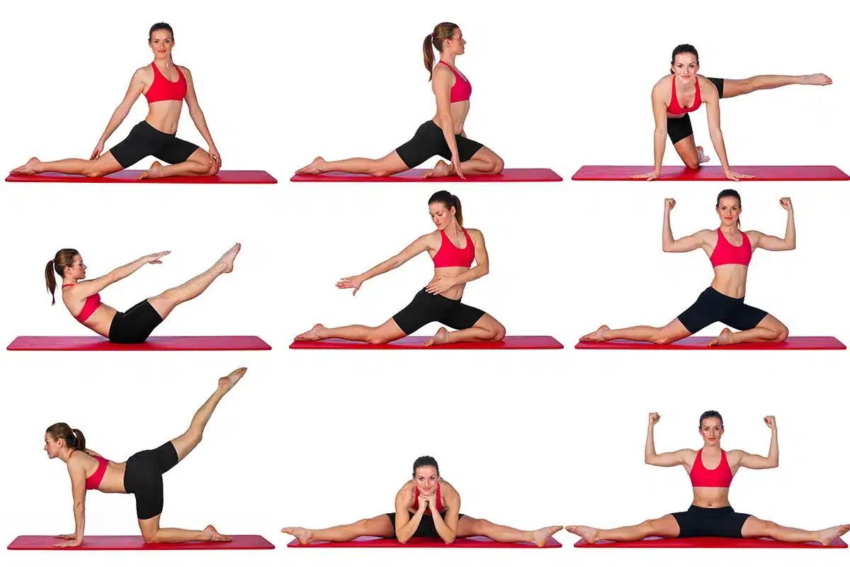 Collage of woman doing various yoga poses.