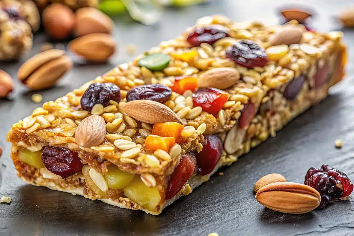 Granola bar with nuts and dried fruit.