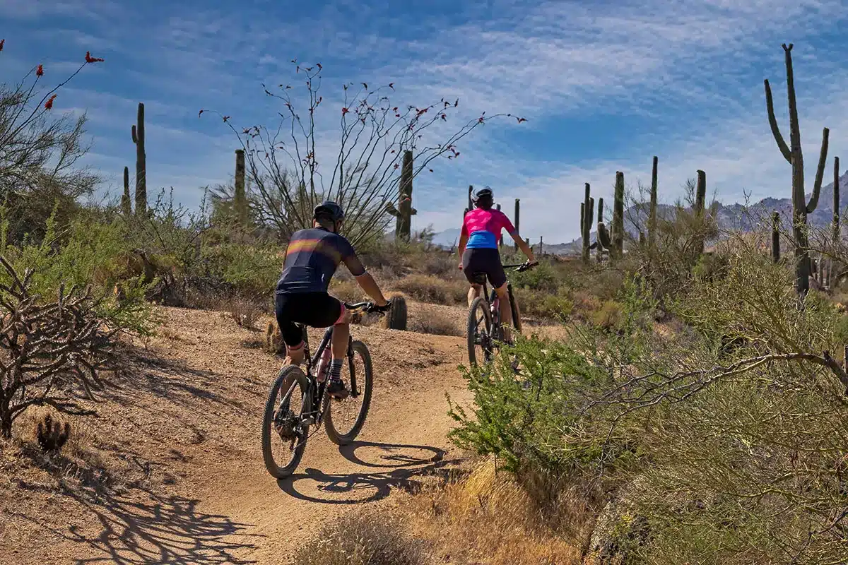 Couple mountain biking on desert trail.