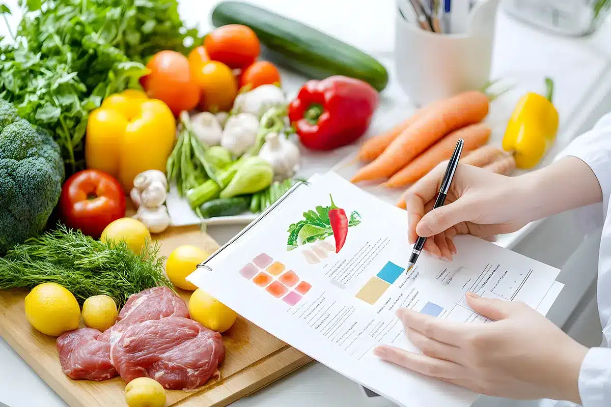 Nutritionist analyzing a meal plan with fresh food.