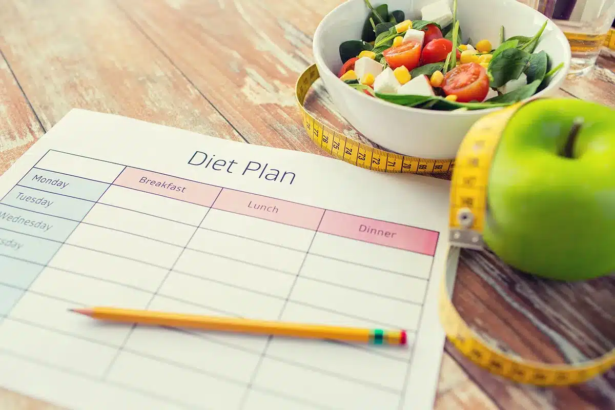 Diet plan sheet, salad, and apple.