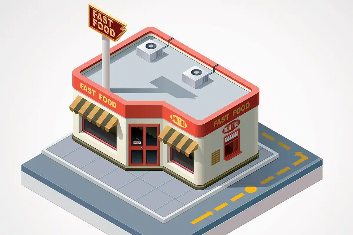Isometric illustration of fast food restaurant.