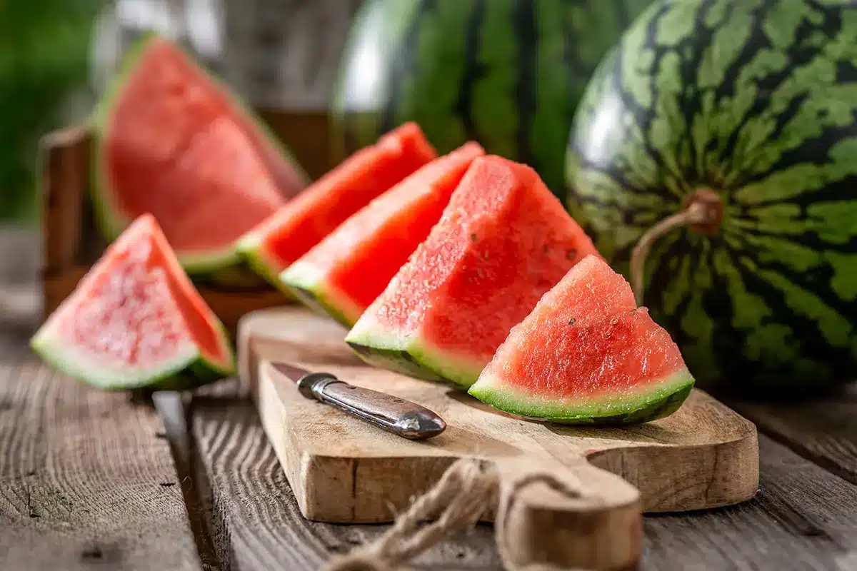 Slices of watermelon on a wooden board.
