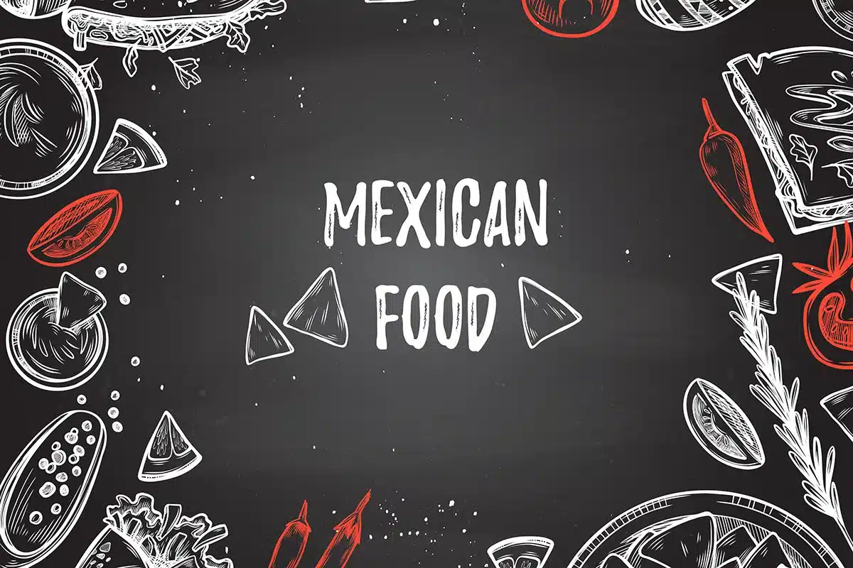 Chalkboard drawing of Mexican food.