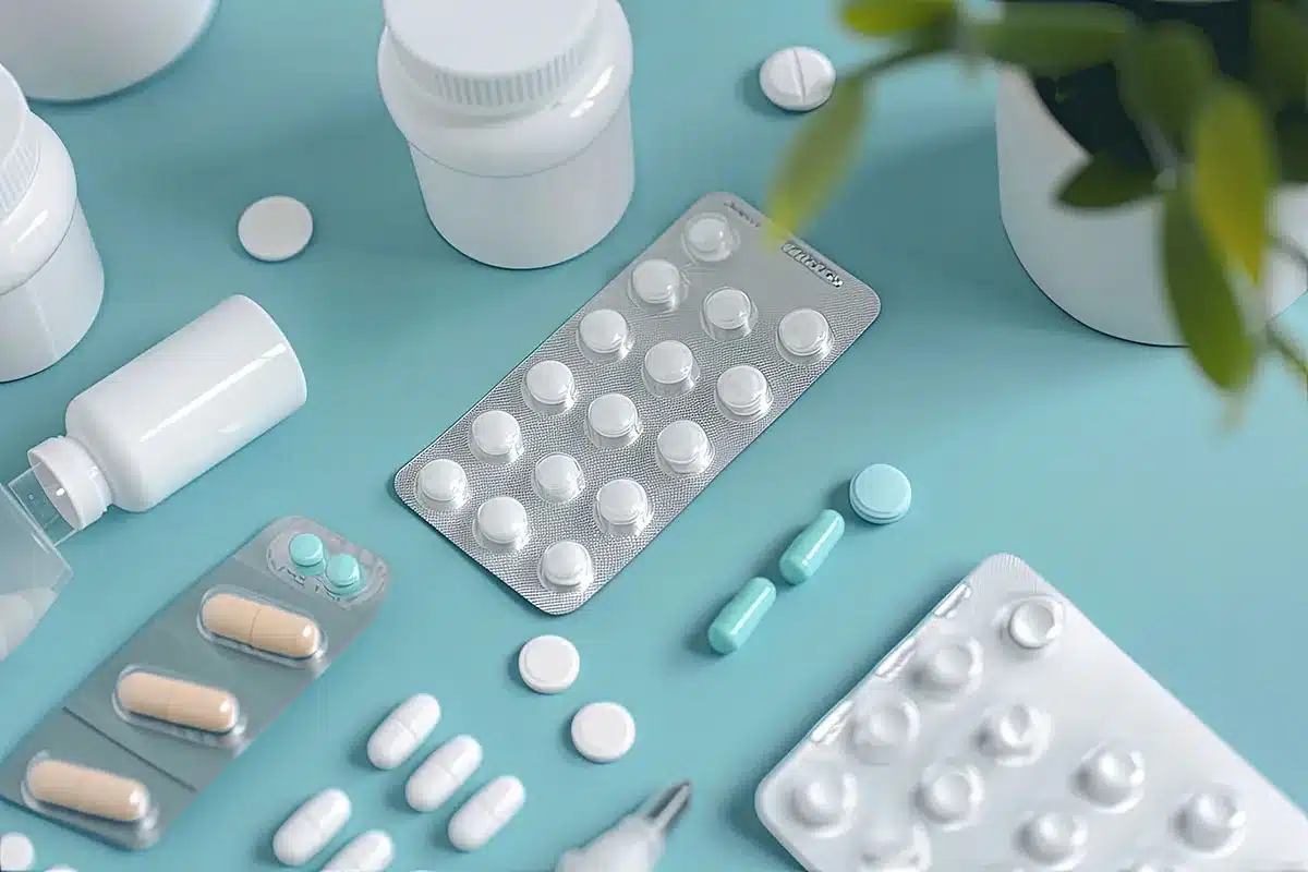 Assorted pills and medicine bottles.