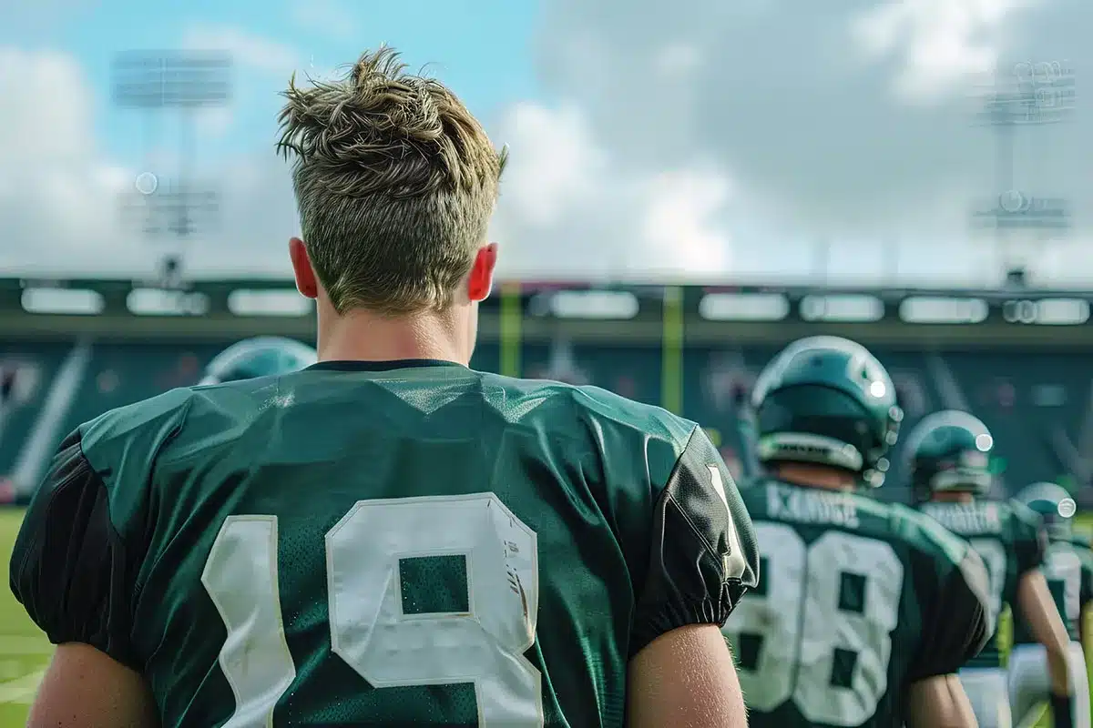 Football player looking towards the game.