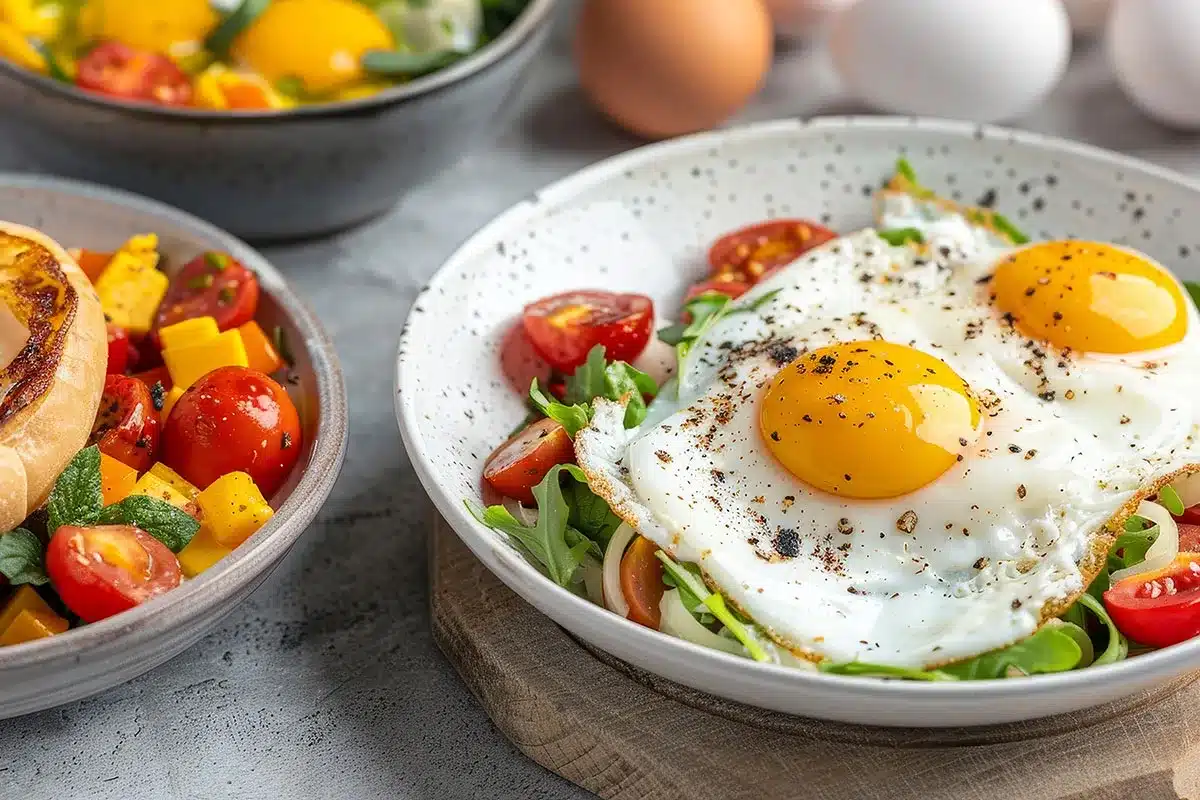 Healthy breakfast, eggs and salad.