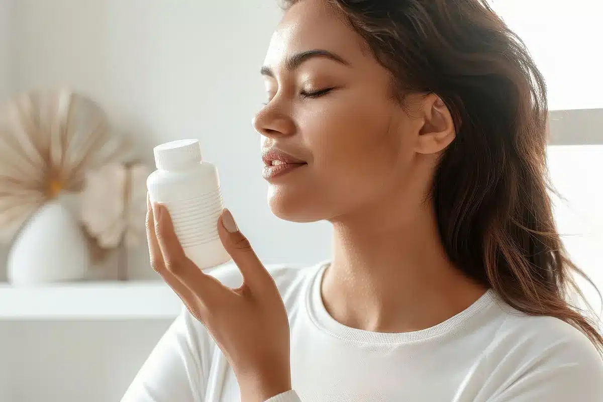 Woman holding a supplement bottle.
