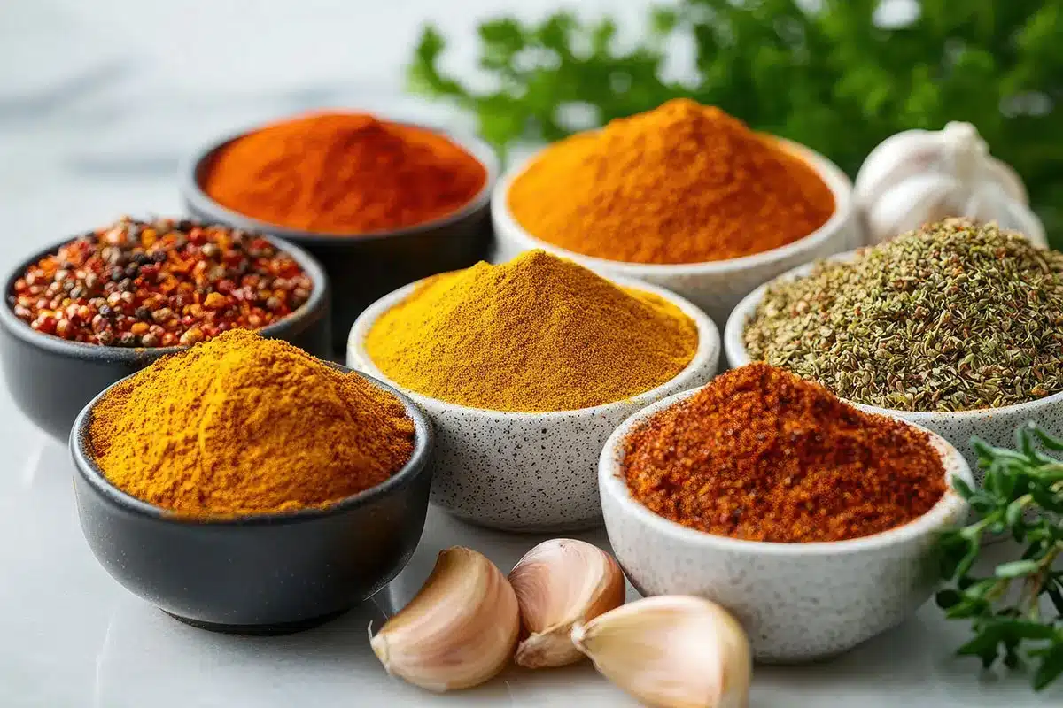 Bowls of various spices and herbs.