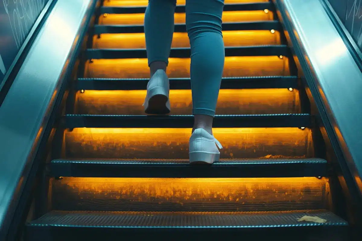 Person walking up an escalator.
