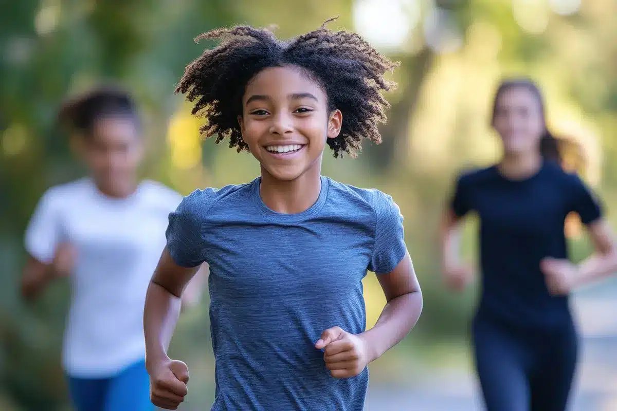 Girl running outdoors with friends.