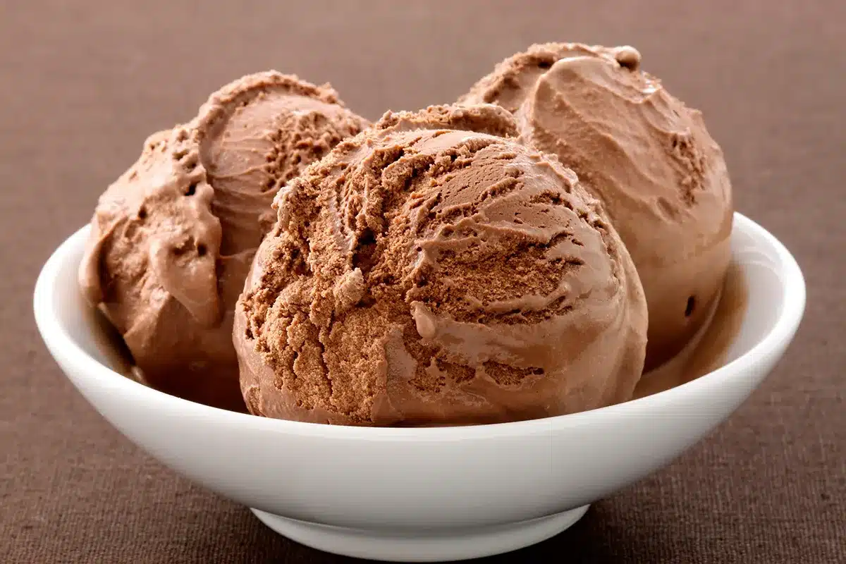 Scoops of chocolate ice cream in bowl.