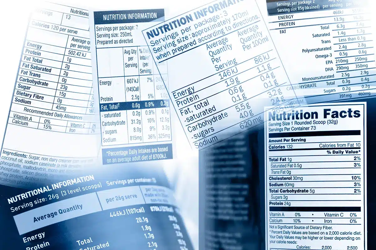 Collage of various nutrition labels.