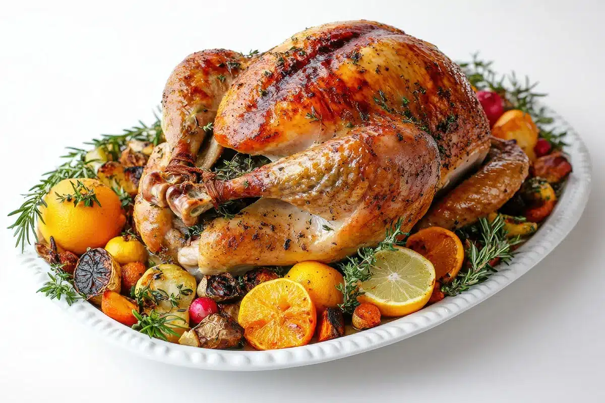 Roasted turkey with citrus fruits and herbs.