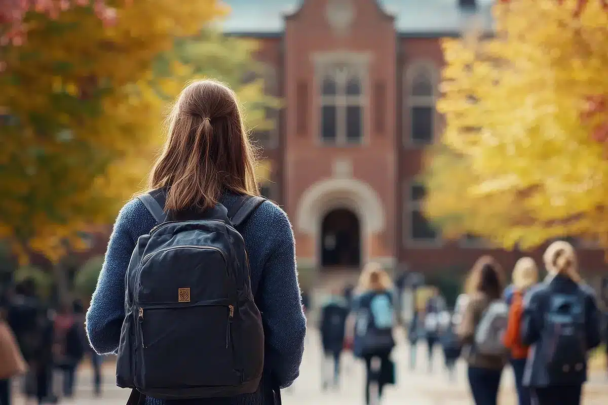 A student with a backpack walks away from the camera toward a brick building on a college campus in autumn.
