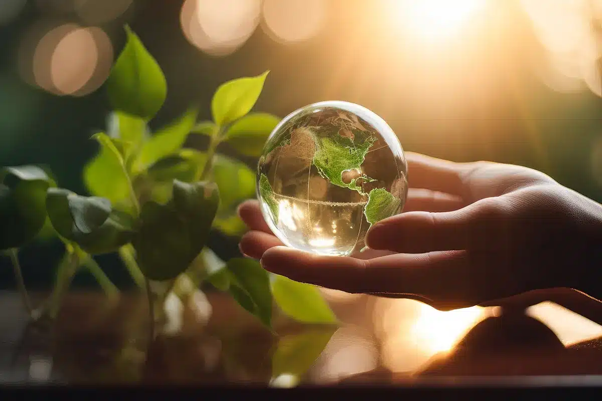 hand holding a glass globe with a green earth, next to a plant