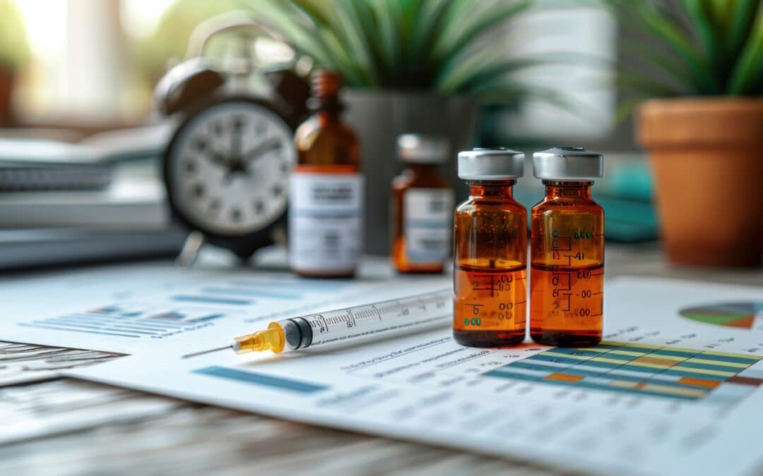 Glp vial and syringe with growth chart and clock symbolizing health and time.