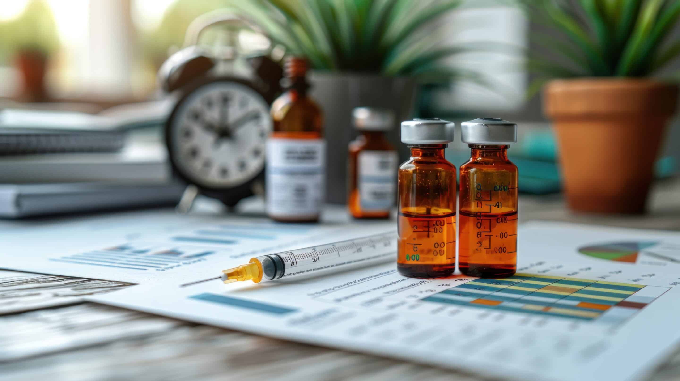 Glp vial and syringe with growth chart and clock symbolizing health and time.