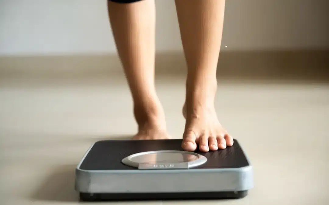 A person stepping onto a weight scale, representing weight management and healthy choices.
