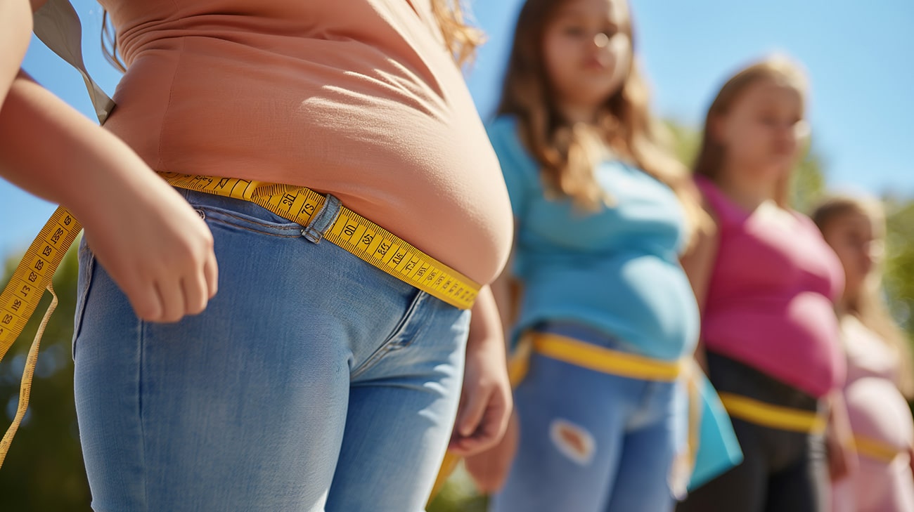 Close-up of a child's waist being measured with a yellow tape measure; other children in background.